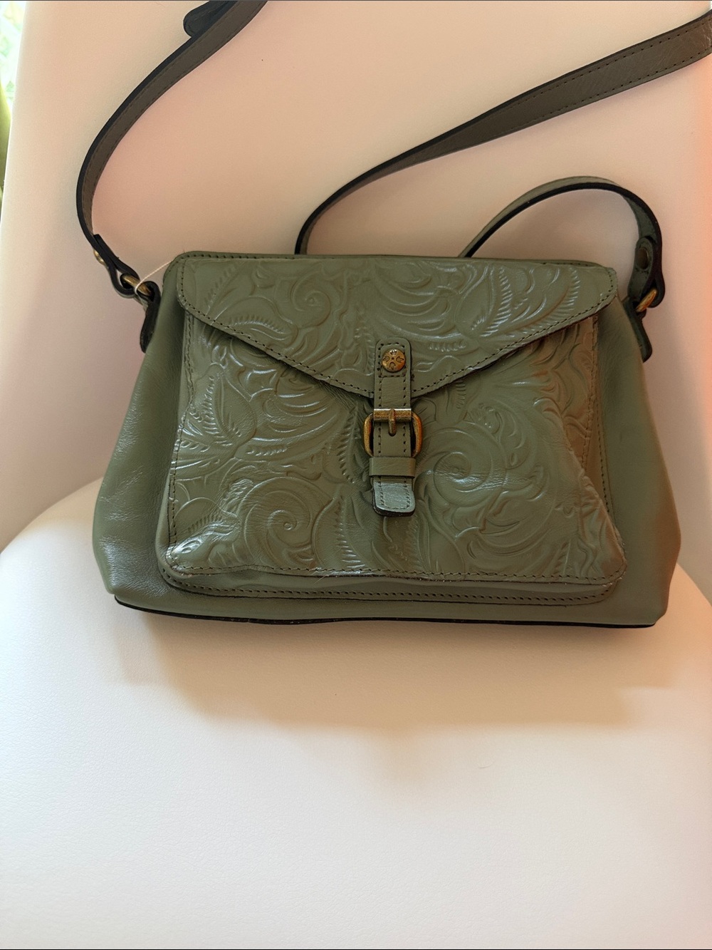 Patricia Nash NWT Avellino Sage Green Tooled Leather Crossbody Bag